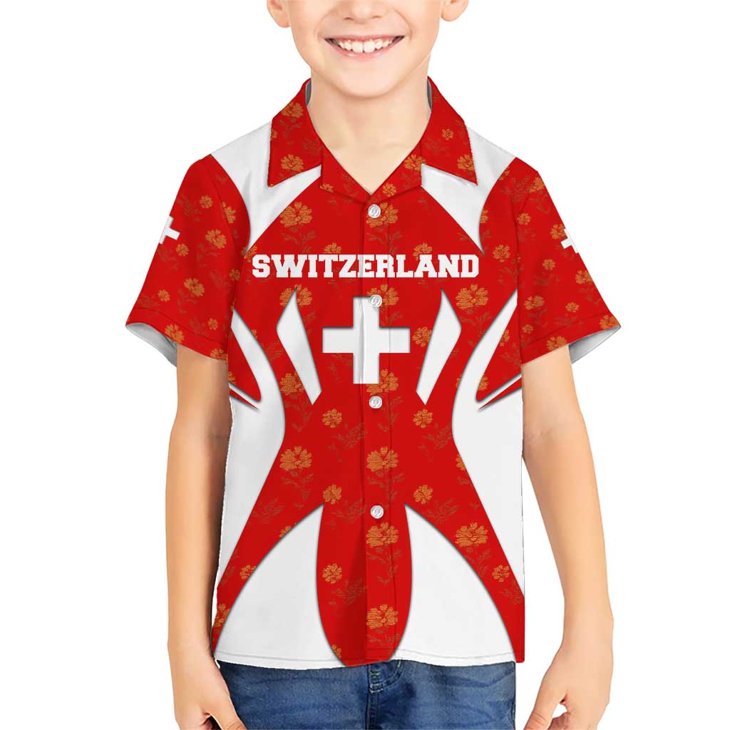 Switzerland Flag Kid Hawaiian Shirt with Floral Pattern Red and White Sportswear - Wonder Print Shop