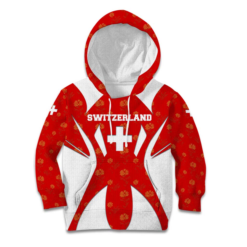 Switzerland Flag Kid Hoodie with Floral Pattern Red and White Sportswear - Wonder Print Shop