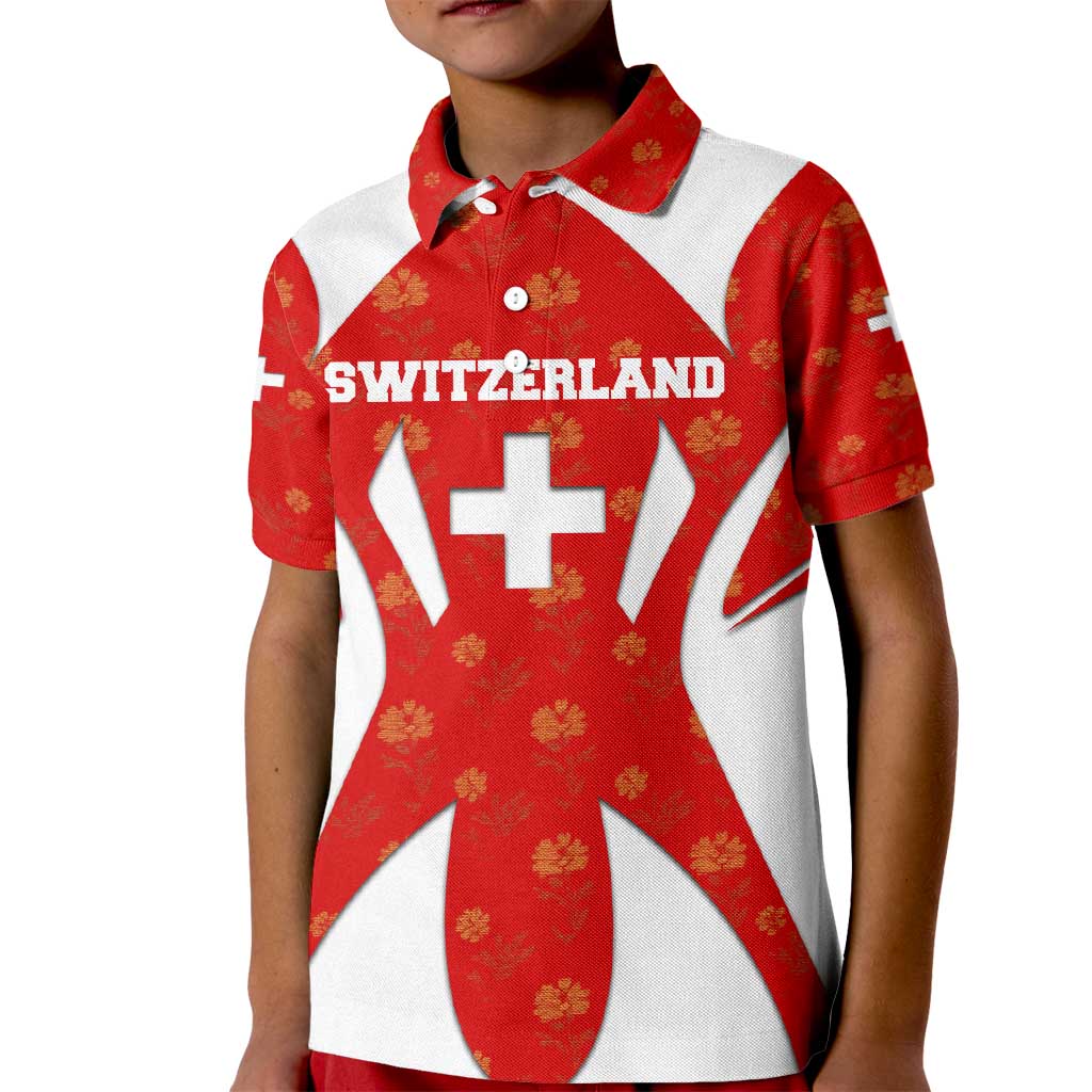 Switzerland Flag Kid Polo Shirt with Floral Pattern Red and White Sportswear - Wonder Print Shop