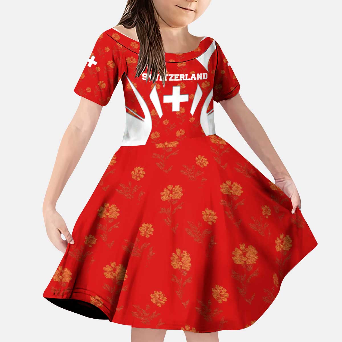 Switzerland Flag Kid Short Sleeve Dress with Floral Pattern Red and White Sportswear - Wonder Print Shop