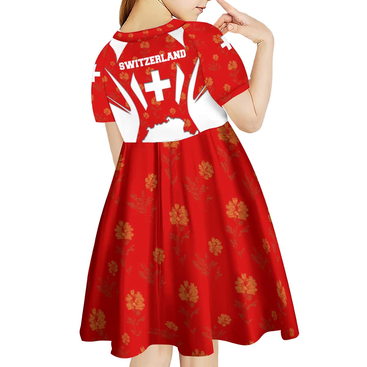 Switzerland Flag Kid Short Sleeve Dress with Floral Pattern Red and White Sportswear - Wonder Print Shop