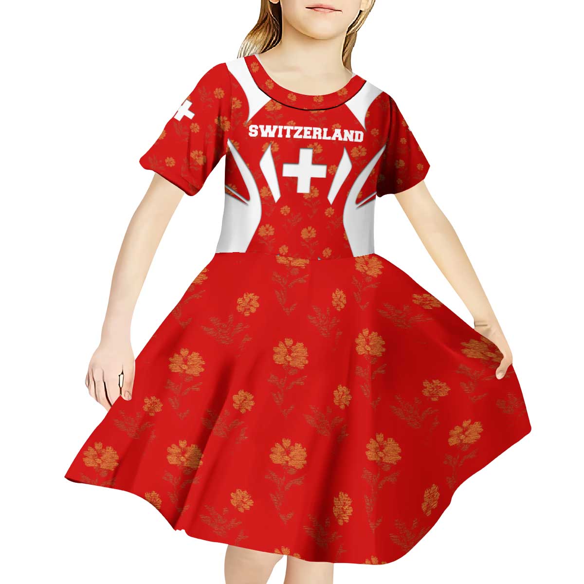 Switzerland Flag Kid Short Sleeve Dress with Floral Pattern Red and White Sportswear - Wonder Print Shop