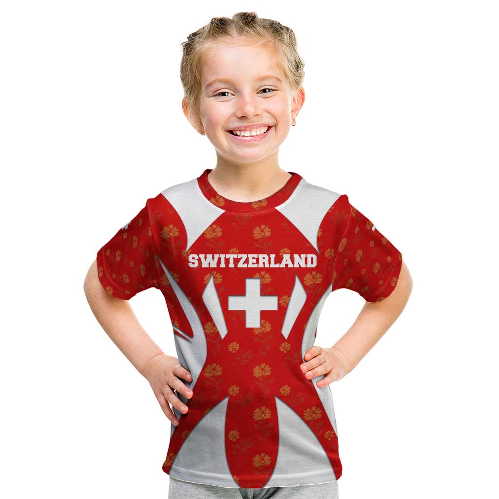 Switzerland Flag Kid T Shirt with Floral Pattern Red and White Sportswear - Wonder Print Shop