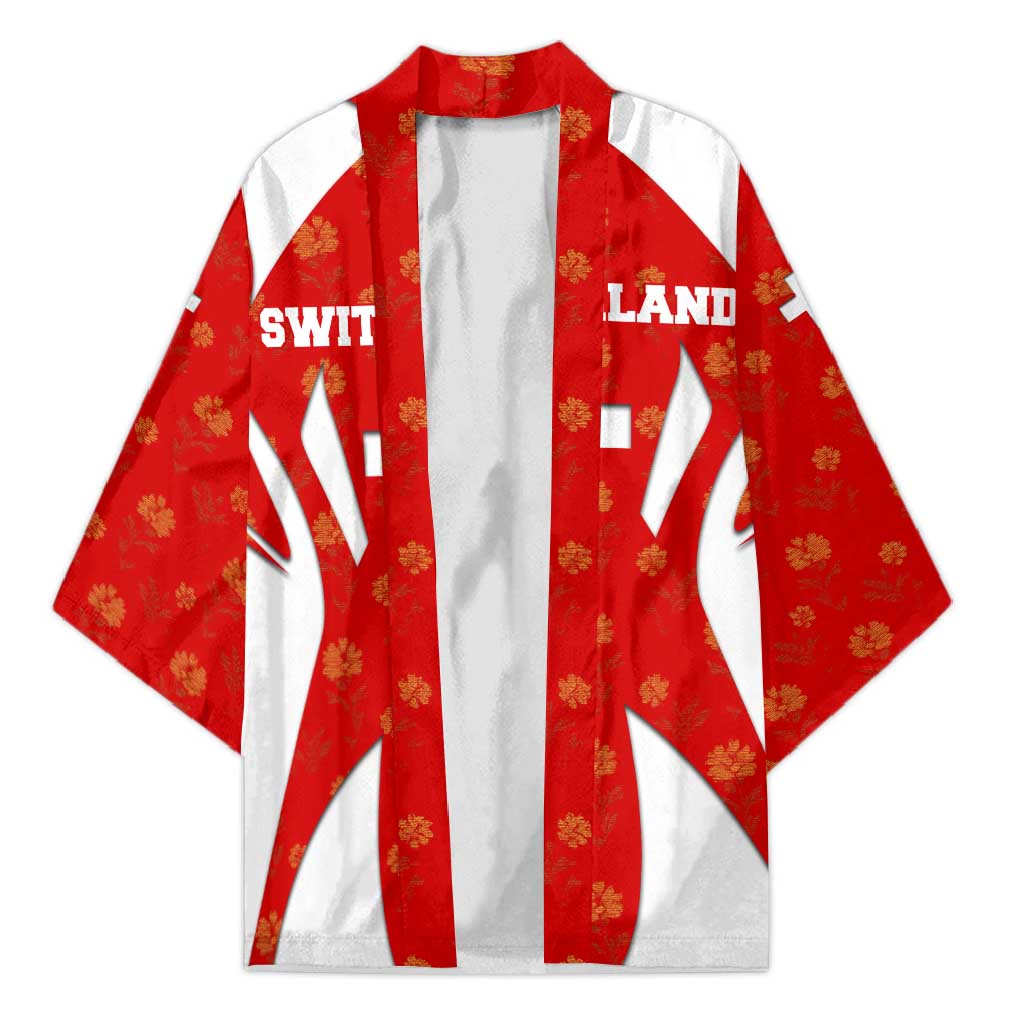 Switzerland Flag Kimono with Floral Pattern Red and White Sportswear - Wonder Print Shop