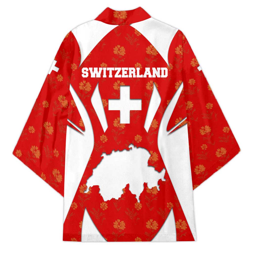 Switzerland Flag Kimono with Floral Pattern Red and White Sportswear - Wonder Print Shop