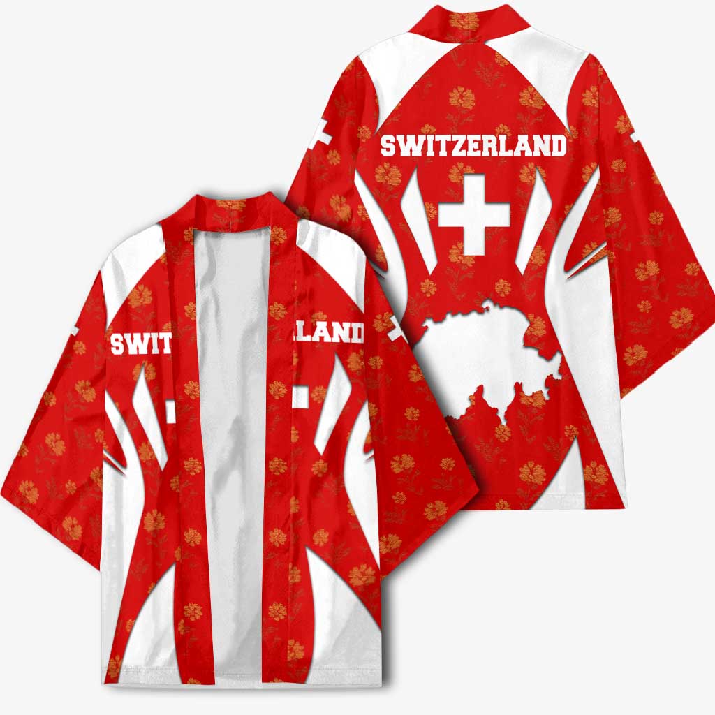 Switzerland Flag Kimono with Floral Pattern Red and White Sportswear - Wonder Print Shop