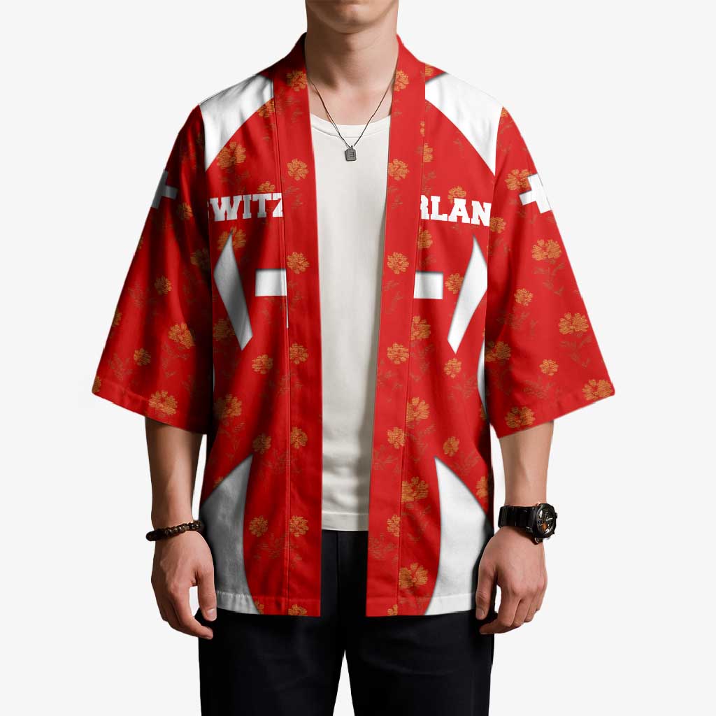 Switzerland Flag Kimono with Floral Pattern Red and White Sportswear - Wonder Print Shop