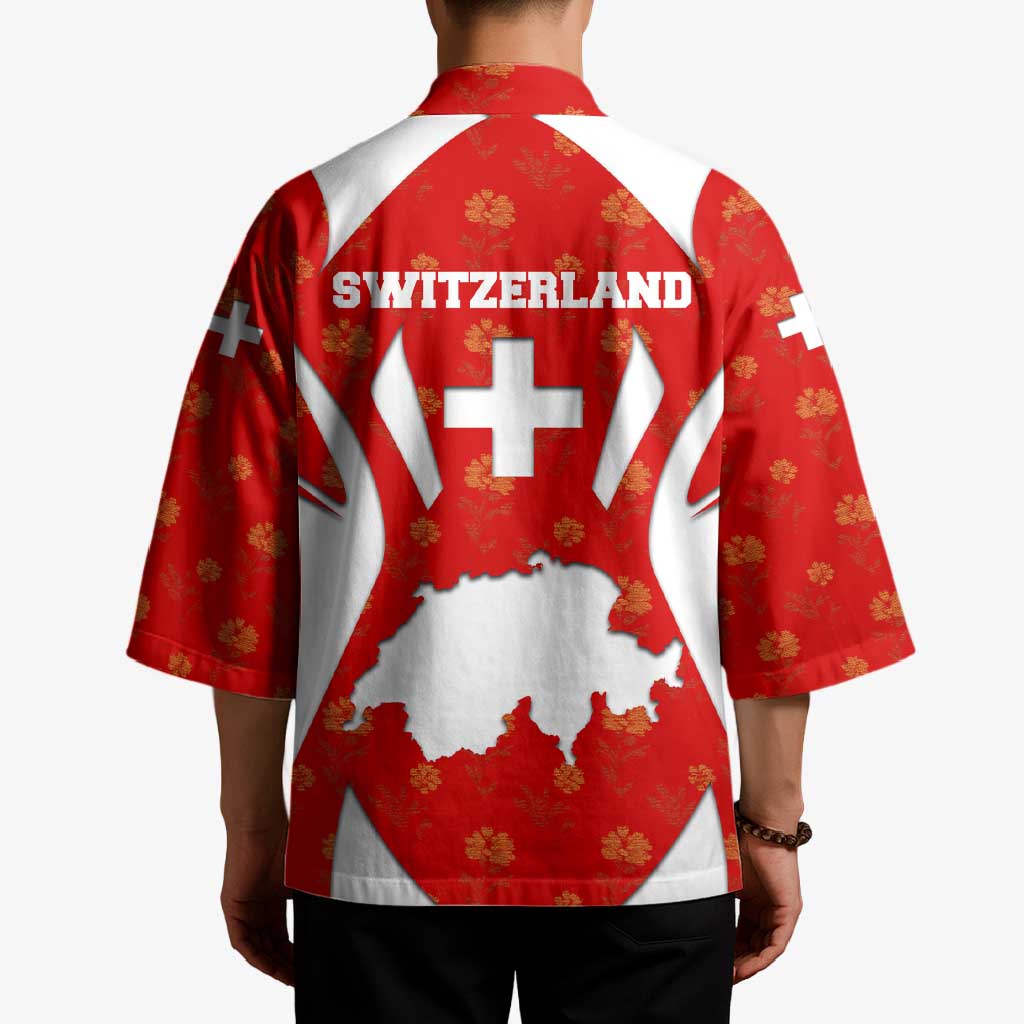 Switzerland Flag Kimono with Floral Pattern Red and White Sportswear - Wonder Print Shop