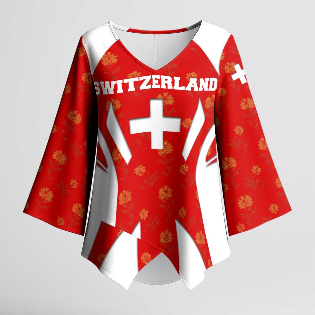 Switzerland Flag Kimono Sleeve Blouse with Floral Pattern Red and White Sportswear - Wonder Print Shop