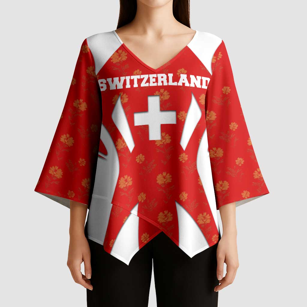 Switzerland Flag Kimono Sleeve Blouse with Floral Pattern Red and White Sportswear - Wonder Print Shop