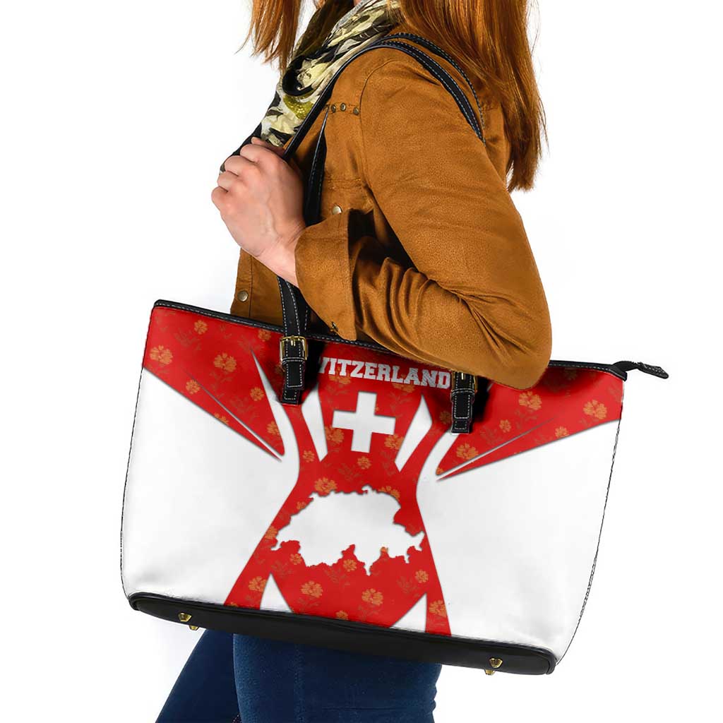 Switzerland Flag Leather Tote Bag with Floral Pattern Red and White Sportswear - Wonder Print Shop