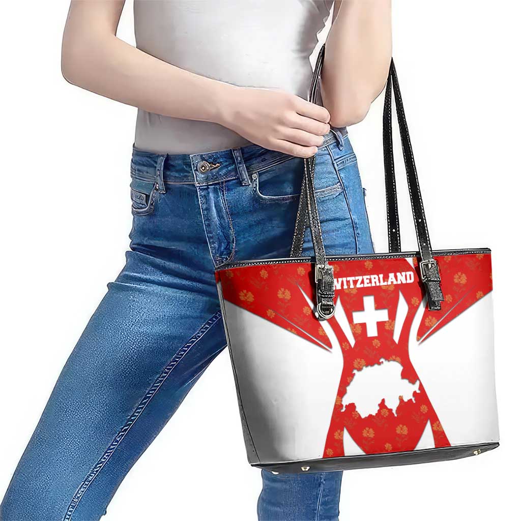 Switzerland Flag Leather Tote Bag with Floral Pattern Red and White Sportswear - Wonder Print Shop