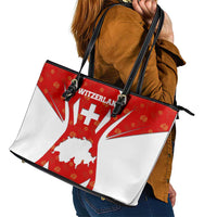 Switzerland Flag Leather Tote Bag with Floral Pattern Red and White Sportswear - Wonder Print Shop