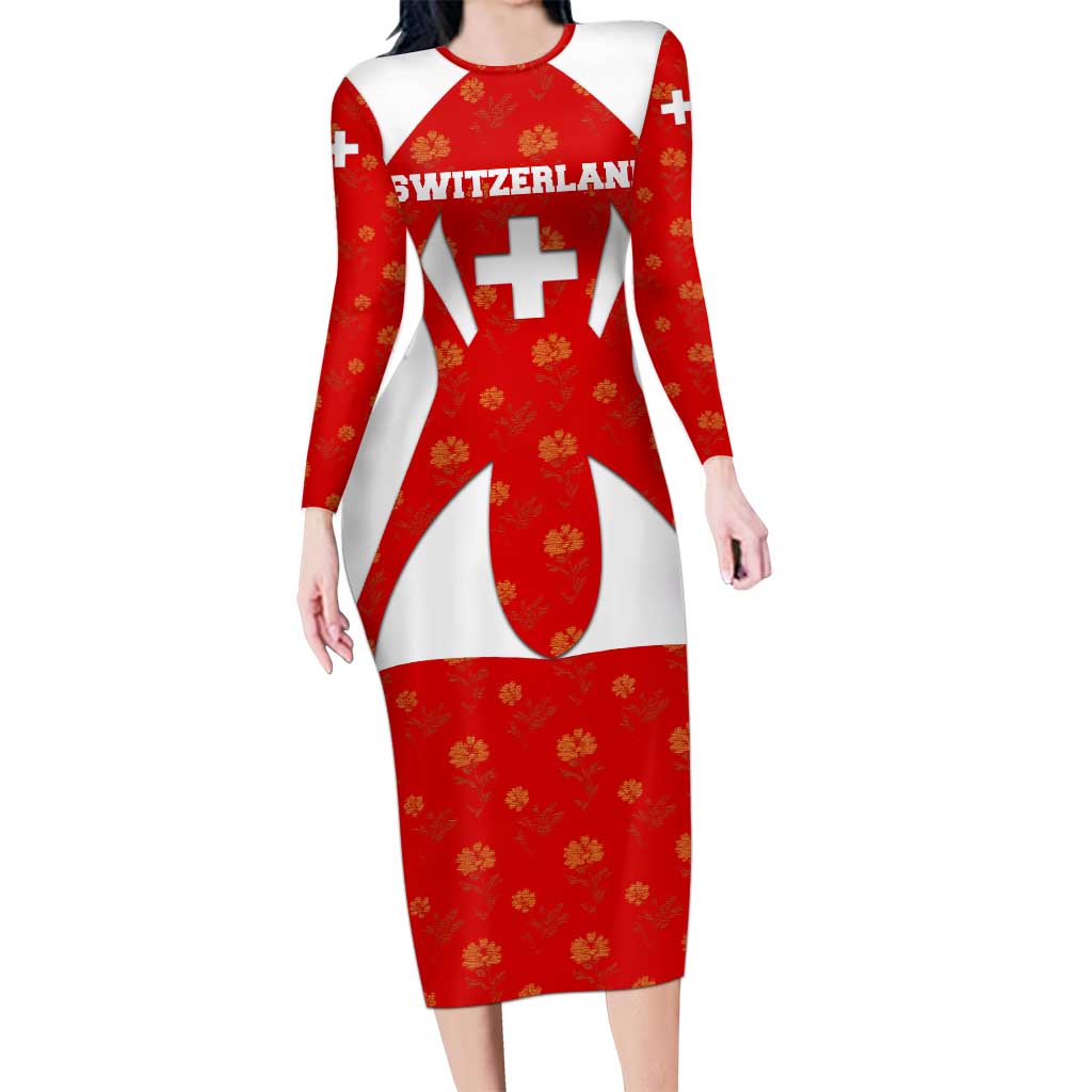 Switzerland Flag Long Sleeve Bodycon Dress with Floral Pattern Red and White Sportswear - Wonder Print Shop