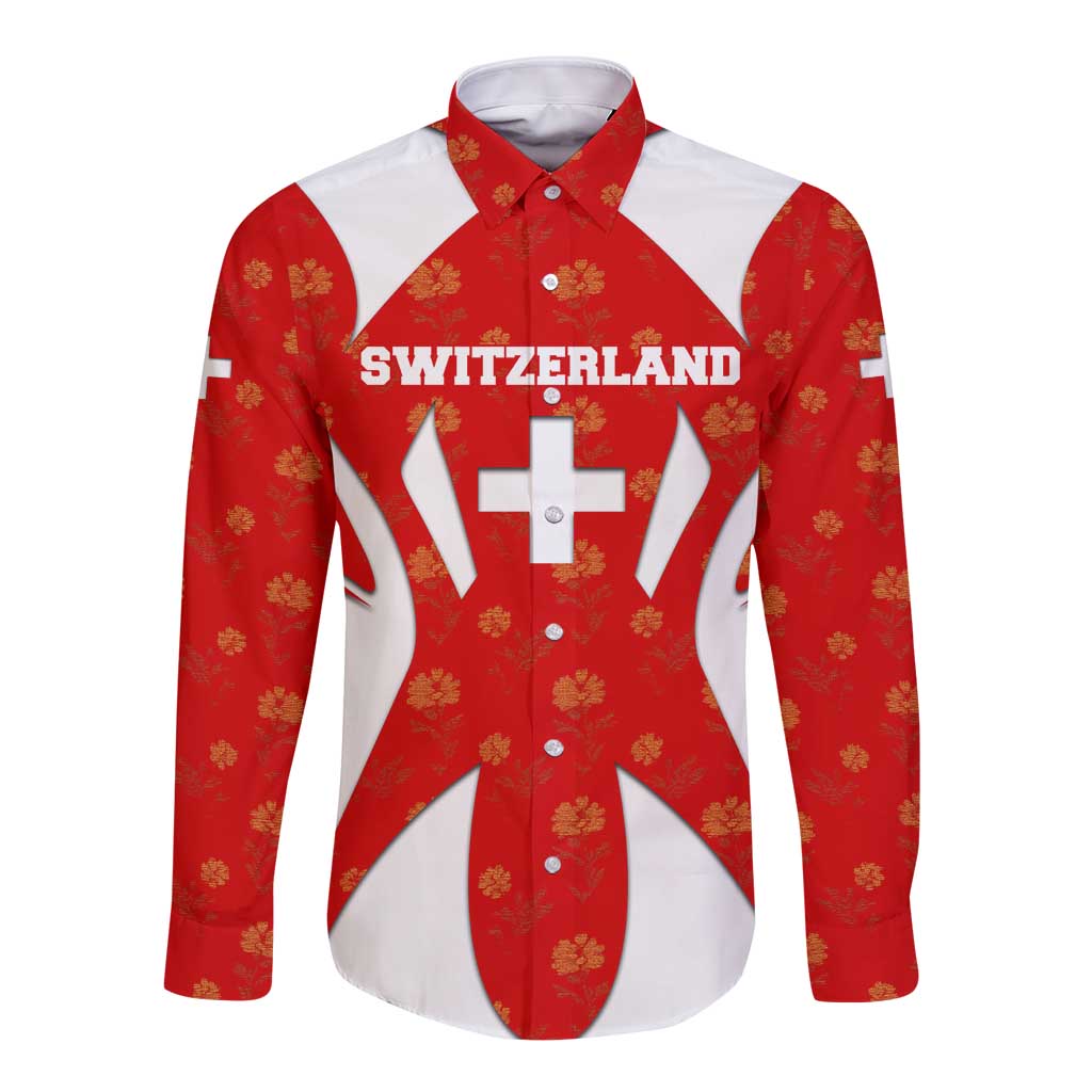 Switzerland Flag Long Sleeve Button Shirt with Floral Pattern Red and White Sportswear - Wonder Print Shop