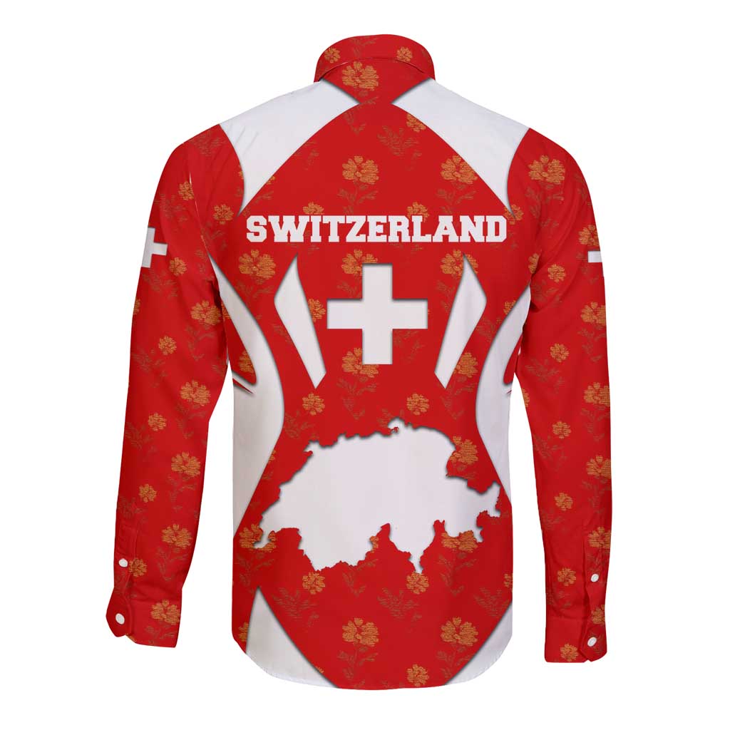 Switzerland Flag Long Sleeve Button Shirt with Floral Pattern Red and White Sportswear - Wonder Print Shop