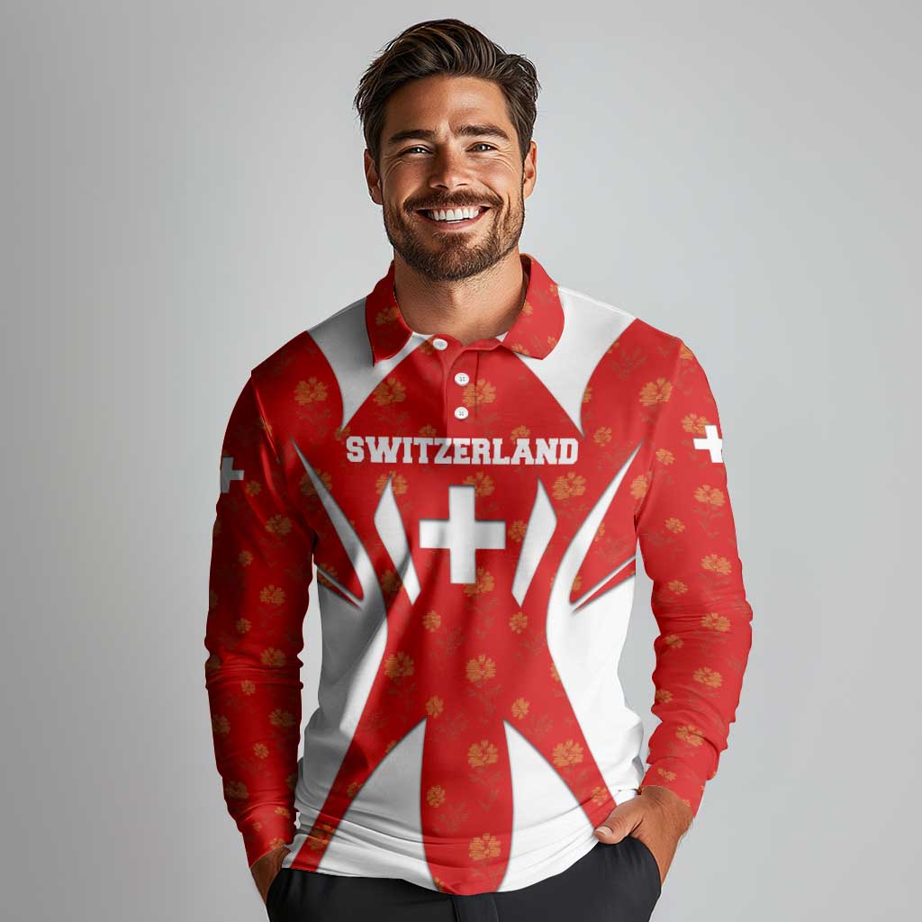 Switzerland Flag Long Sleeve Polo Shirt with Floral Pattern Red and White Sportswear - Wonder Print Shop