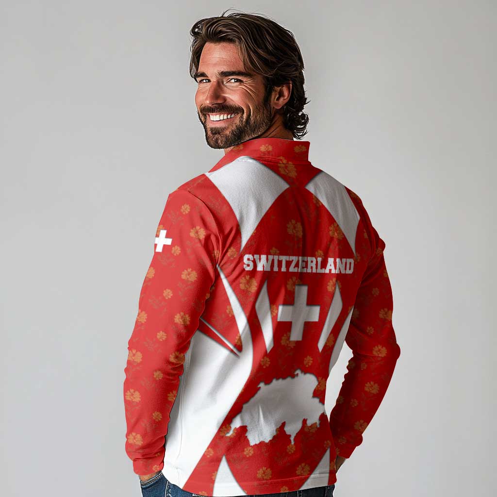 Switzerland Flag Long Sleeve Polo Shirt with Floral Pattern Red and White Sportswear - Wonder Print Shop