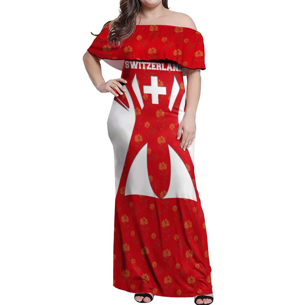 Switzerland Flag Off Shoulder Maxi Dress with Floral Pattern Red and White Sportswear - Wonder Print Shop