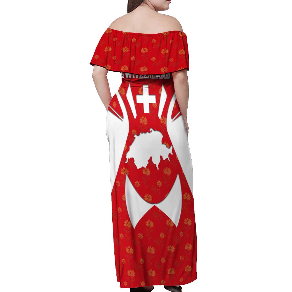 Switzerland Flag Off Shoulder Maxi Dress with Floral Pattern Red and White Sportswear - Wonder Print Shop