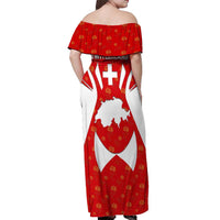 Switzerland Flag Off Shoulder Maxi Dress with Floral Pattern Red and White Sportswear - Wonder Print Shop
