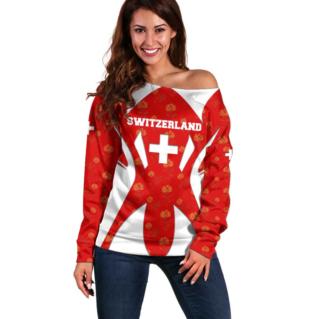 Switzerland Flag Off Shoulder Sweater with Floral Pattern Red and White Sportswear - Wonder Print Shop