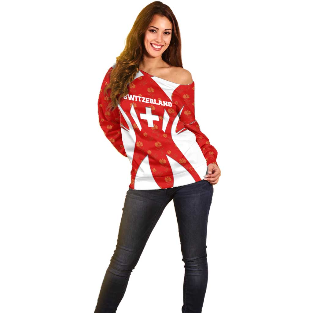 Switzerland Flag Off Shoulder Sweater with Floral Pattern Red and White Sportswear - Wonder Print Shop