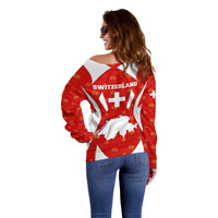 Switzerland Flag Off Shoulder Sweater with Floral Pattern Red and White Sportswear - Wonder Print Shop