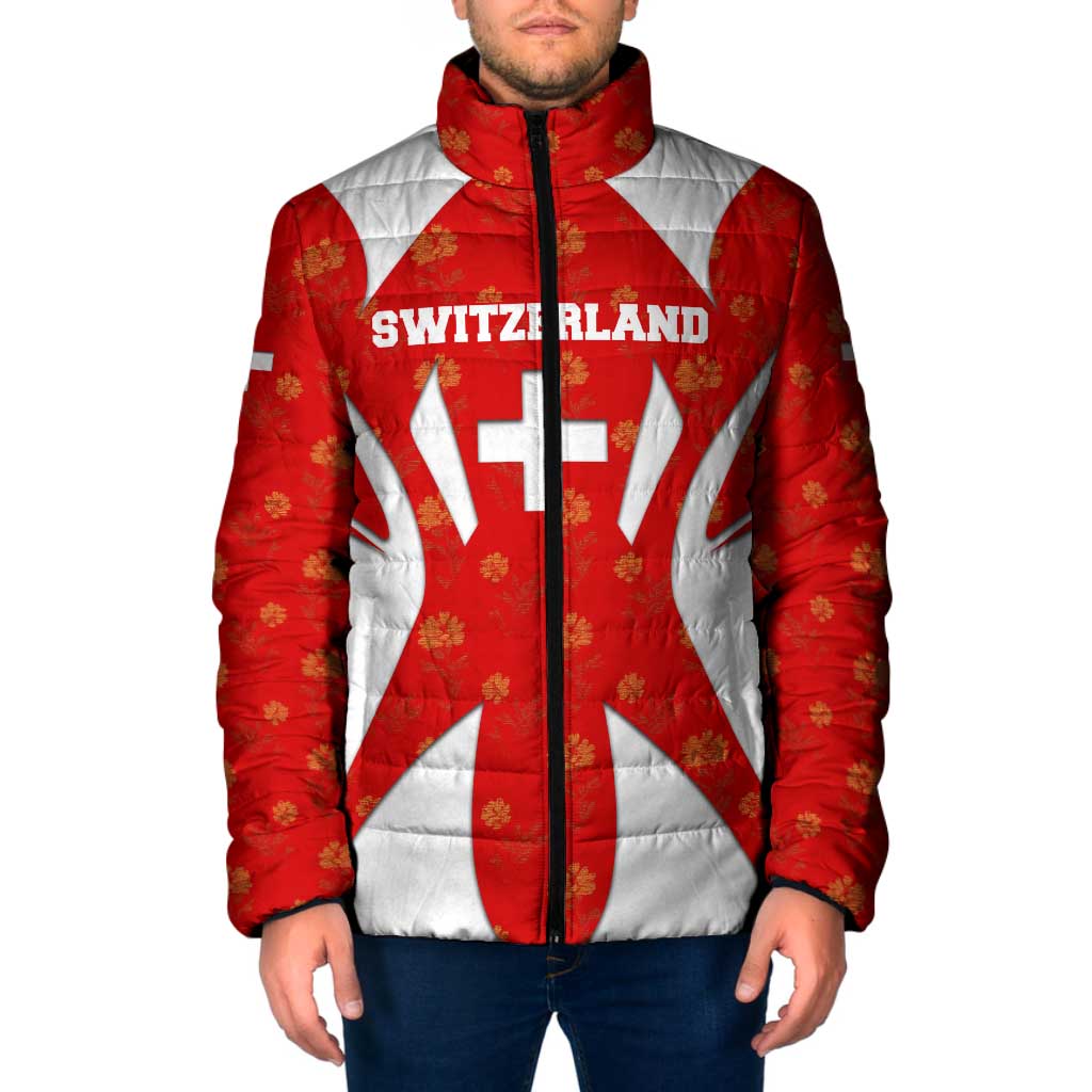 Switzerland Flag Padded Jacket with Floral Pattern Red and White Sportswear - Wonder Print Shop