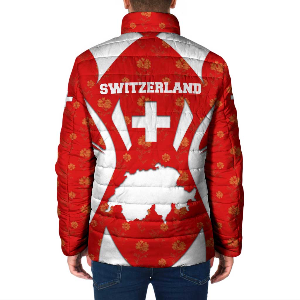 Switzerland Flag Padded Jacket with Floral Pattern Red and White Sportswear - Wonder Print Shop