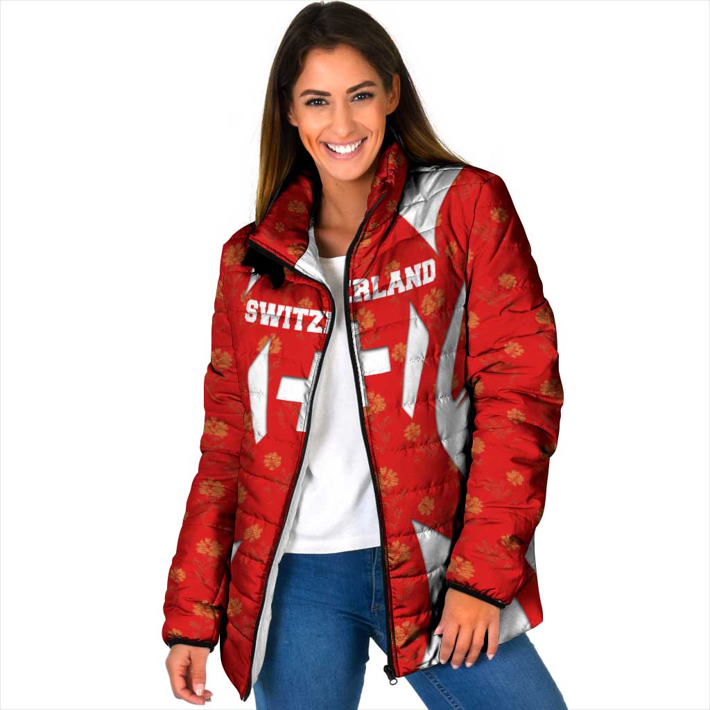 Switzerland Flag Padded Jacket with Floral Pattern Red and White Sportswear - Wonder Print Shop