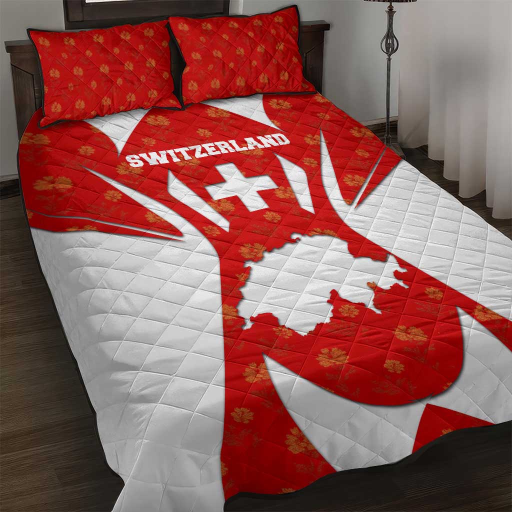 Switzerland Flag Quilt Bed Set with Floral Pattern Red and White Sportswear - Wonder Print Shop