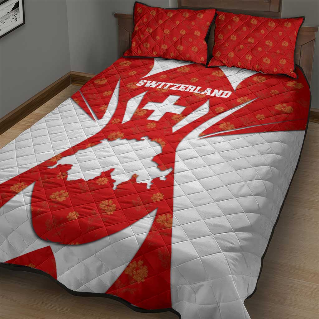 Switzerland Flag Quilt Bed Set with Floral Pattern Red and White Sportswear - Wonder Print Shop