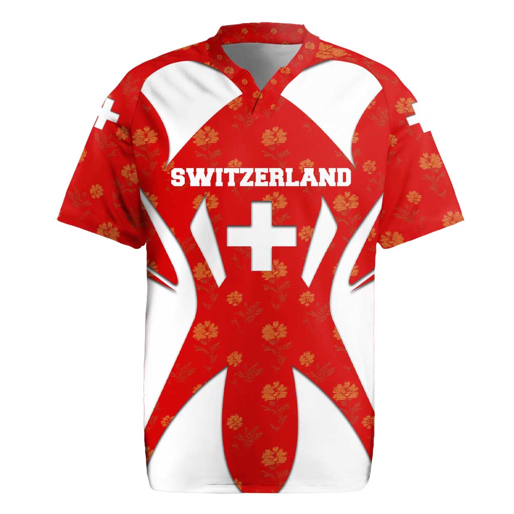 Switzerland Flag Rugby Jersey with Floral Pattern Red and White Sportswear - Wonder Print Shop