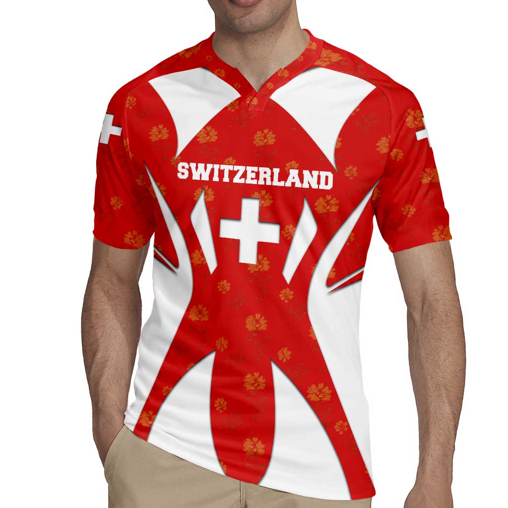 Switzerland Flag Rugby Jersey with Floral Pattern Red and White Sportswear - Wonder Print Shop