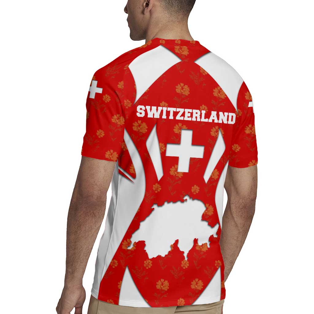 Switzerland Flag Rugby Jersey with Floral Pattern Red and White Sportswear - Wonder Print Shop