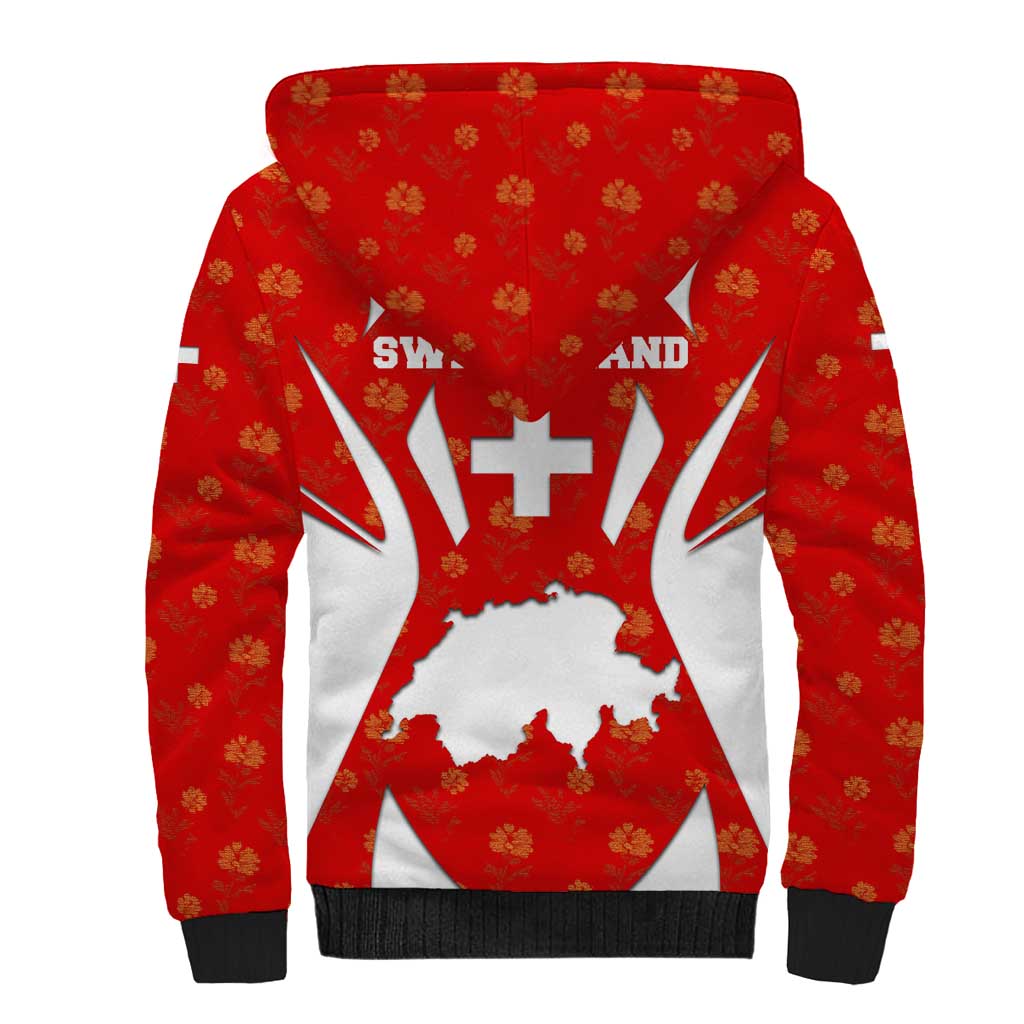 Switzerland Flag Sherpa Hoodie with Floral Pattern Red and White Sportswear - Wonder Print Shop