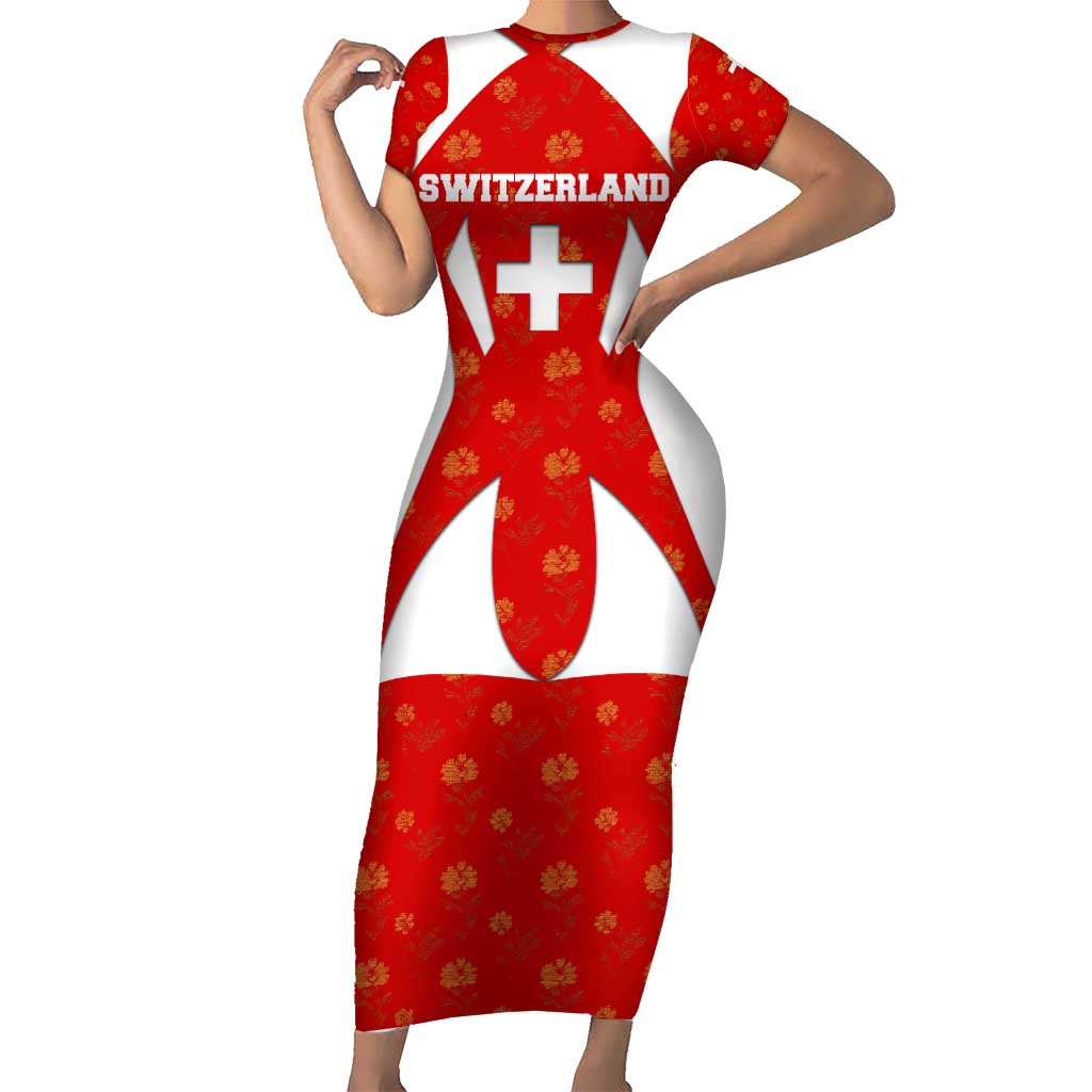 Switzerland Flag Short Sleeve Bodycon Dress with Floral Pattern Red and White Sportswear - Wonder Print Shop