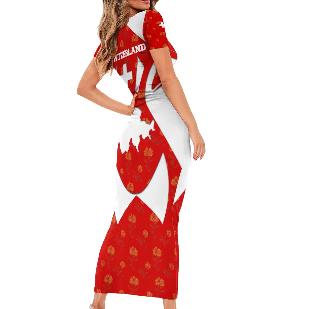 Switzerland Flag Short Sleeve Bodycon Dress with Floral Pattern Red and White Sportswear - Wonder Print Shop
