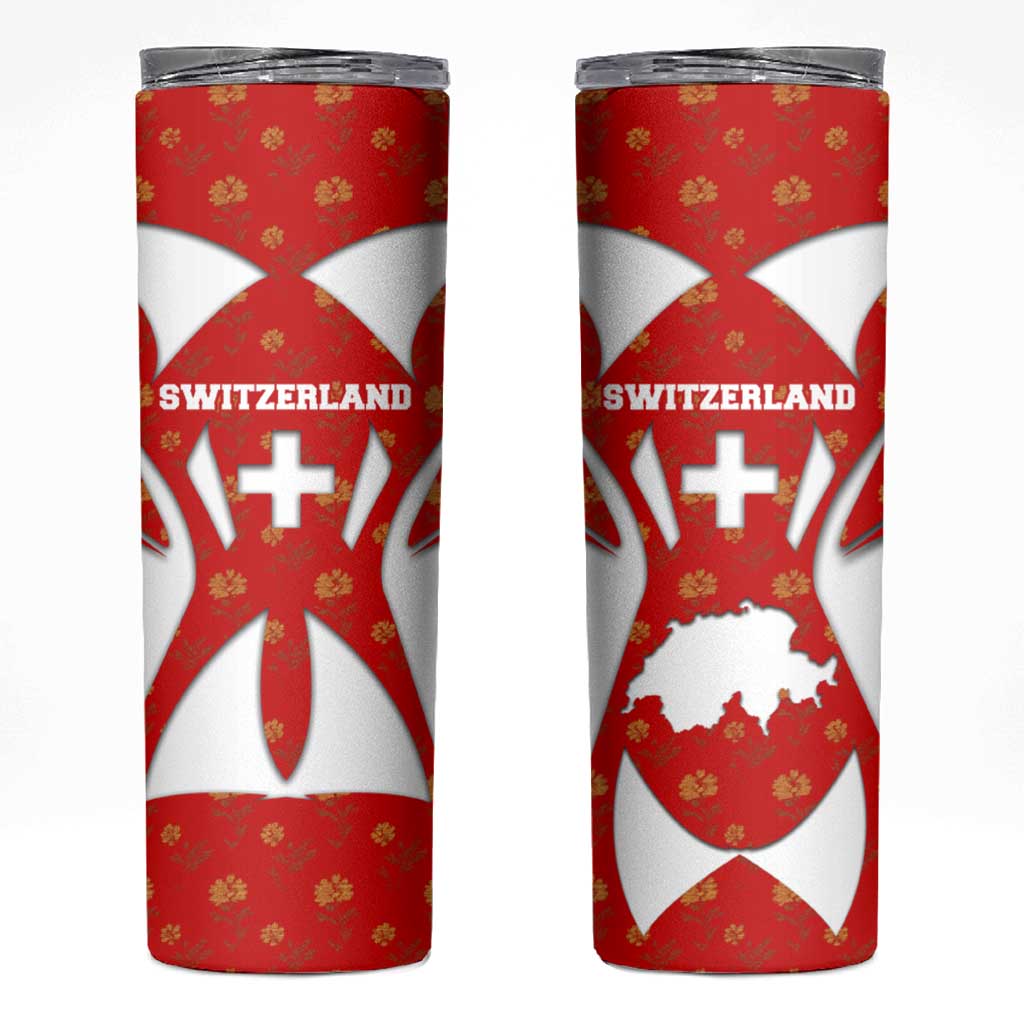 Switzerland Flag Skinny Tumbler with Floral Pattern Red and White Sportswear - Wonder Print Shop