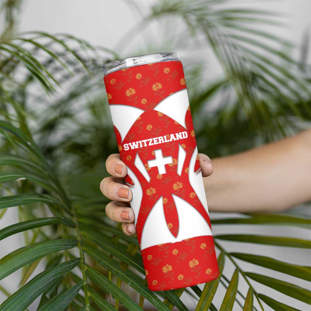 Switzerland Flag Skinny Tumbler with Floral Pattern Red and White Sportswear - Wonder Print Shop