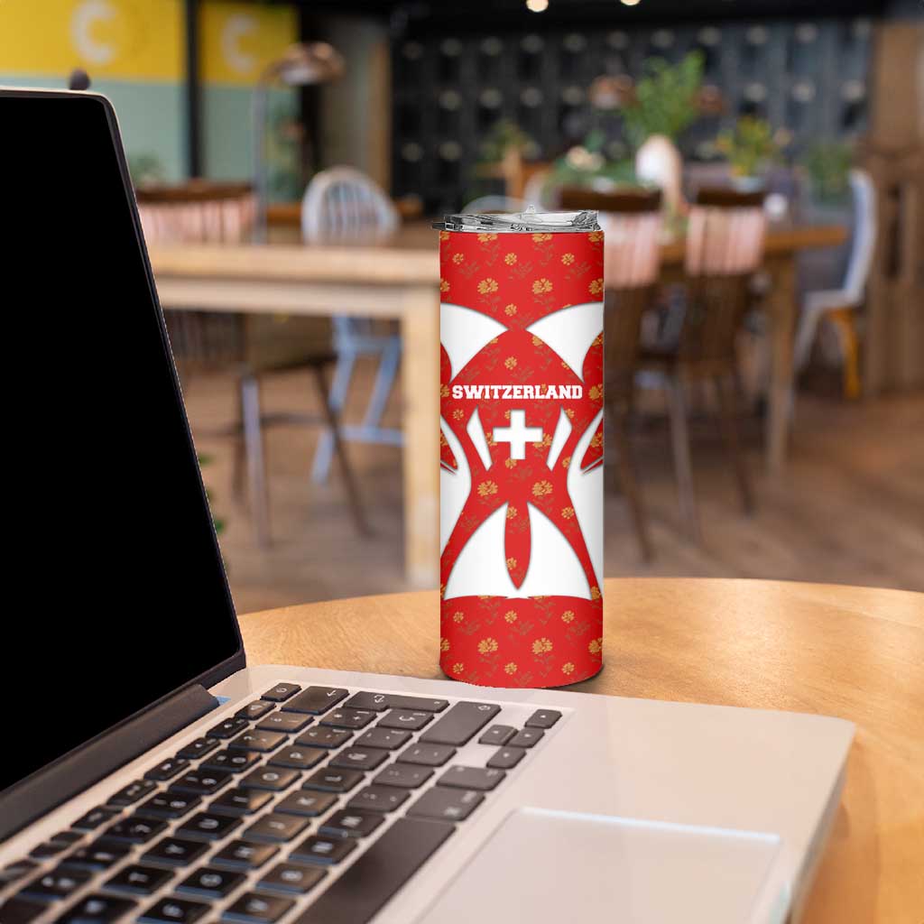 Switzerland Flag Skinny Tumbler with Floral Pattern Red and White Sportswear - Wonder Print Shop