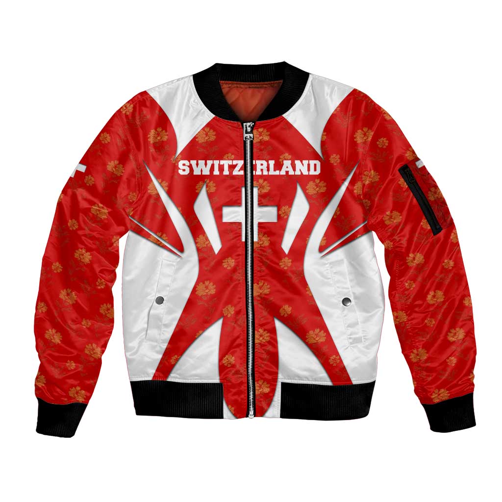 Switzerland Flag Sleeve Zip Bomber Jacket with Floral Pattern Red and White Sportswear - Wonder Print Shop