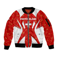 Switzerland Flag Sleeve Zip Bomber Jacket with Floral Pattern Red and White Sportswear - Wonder Print Shop