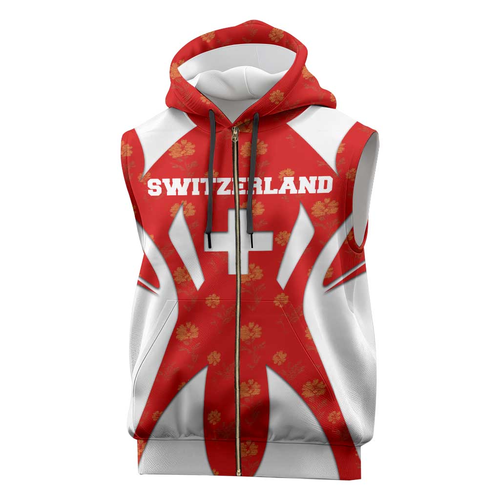 Switzerland Flag Sleeveless Zip Hoodie with Floral Pattern Red and White Sportswear - Wonder Print Shop