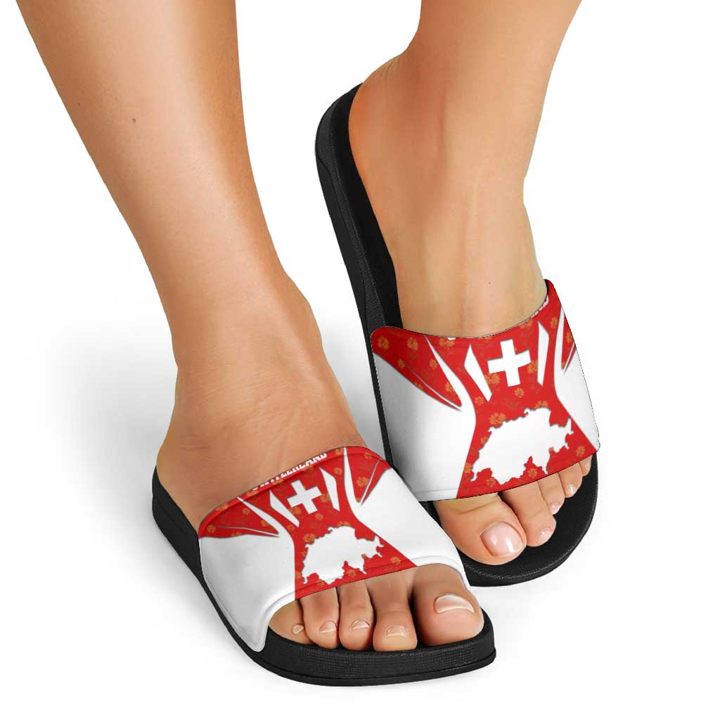 Switzerland Flag Slide Sandals with Floral Pattern Red and White Sportswear - Wonder Print Shop