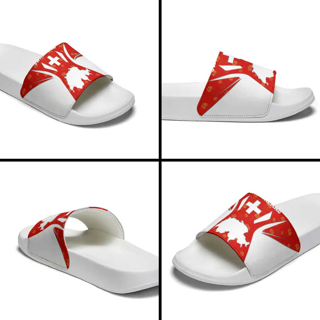 Switzerland Flag Slide Sandals with Floral Pattern Red and White Sportswear - Wonder Print Shop