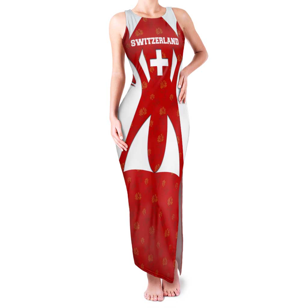 Switzerland Flag Tank Maxi Dress with Floral Pattern Red and White Sportswear - Wonder Print Shop