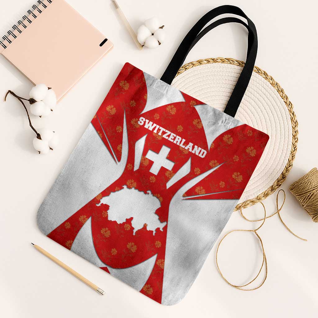 Switzerland Flag Tote Bag with Floral Pattern Red and White Sportswear - Wonder Print Shop