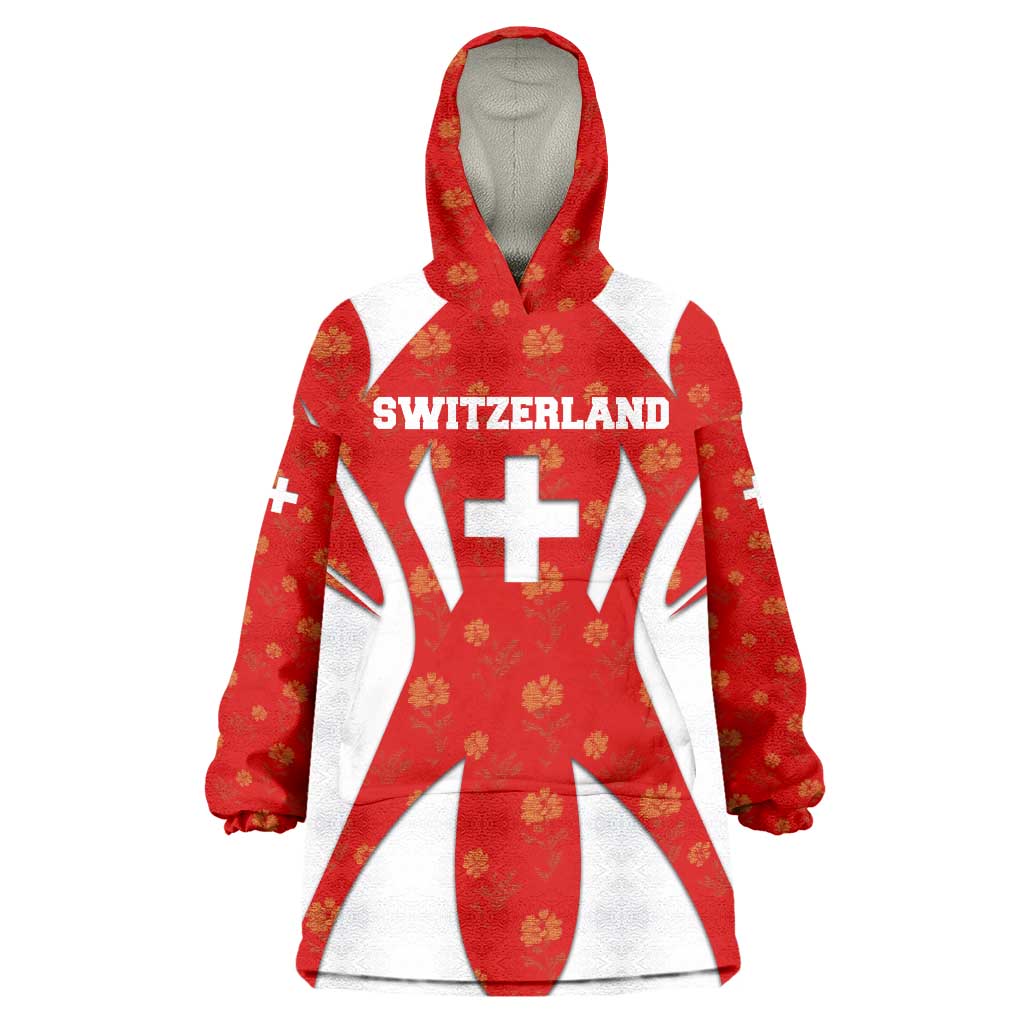 Switzerland Flag Wearable Blanket Hoodie with Floral Pattern Red and White Sportswear - Wonder Print Shop